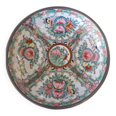 Assiette Vintage Porcelaine ''Famille Rose'' Hong Kong metal etain