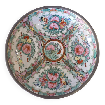 Assiette Vintage Porcelaine "Famille Rose" Hong Kong metal etain