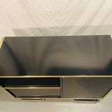Buffet, meuble Hi-fi laqué noir et laiton par Roche Bobois, circa 1970