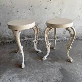 Pair of cream-white cast iron side tables with wooden tops — neoclassical shabby-chic