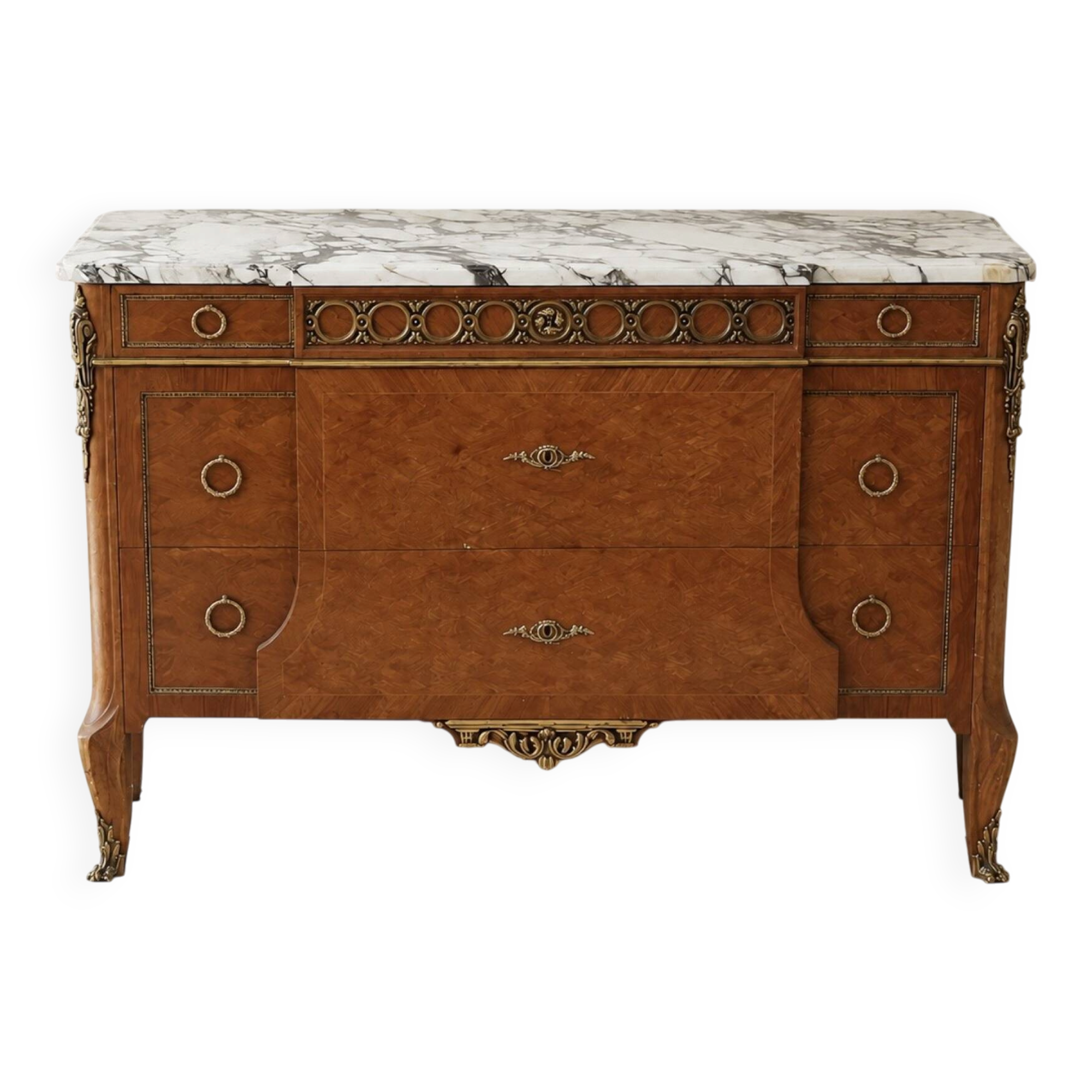 Neoclassical commode in Louis XVI style – marquetry, bronze & marble