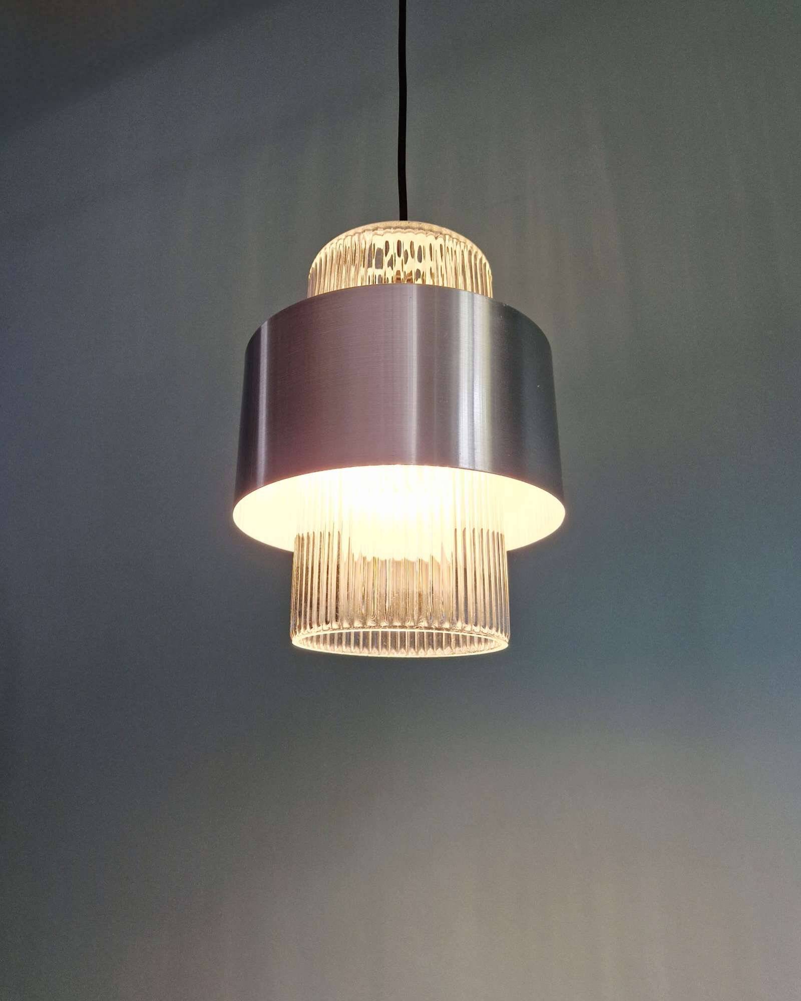 Scandinavian pendant light in grooved transparent glass and brushed aluminum, 1960