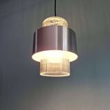 Scandinavian pendant light in grooved transparent glass and brushed aluminum, 1960