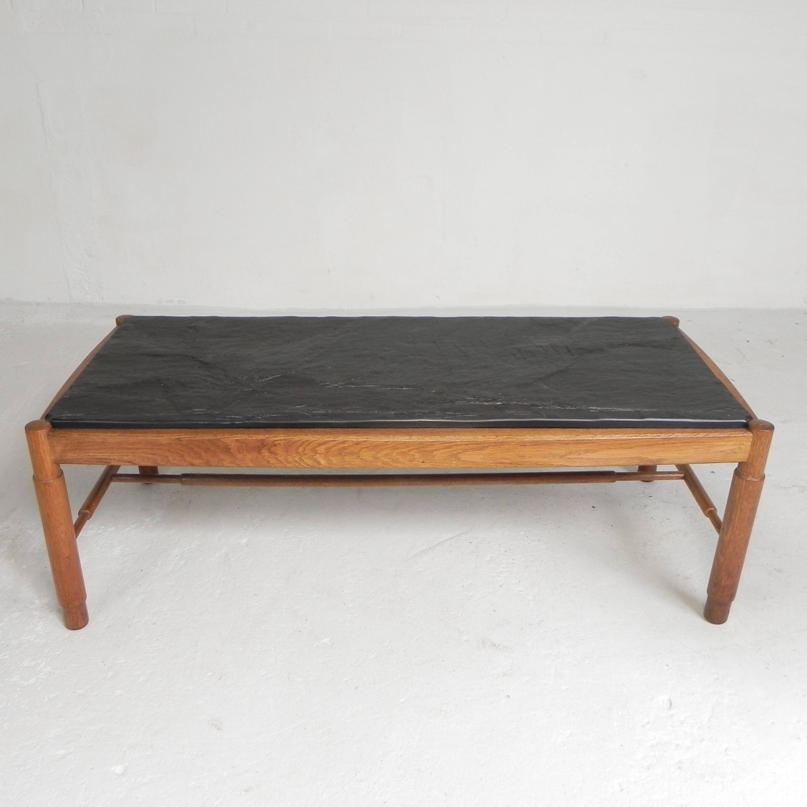 Vintage oak coffee table with a slate top in an oak frame, 1960s.