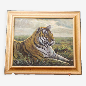 Huile sur toile, tigre au repos
