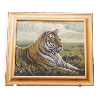 Huile sur toile, tigre au repos