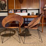 Ensemble 2 fauteuils et table basse en osier Raoul Guy 1950