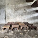 Small auxiliary stool in upcycled teak with traces of green chrome on the leg.