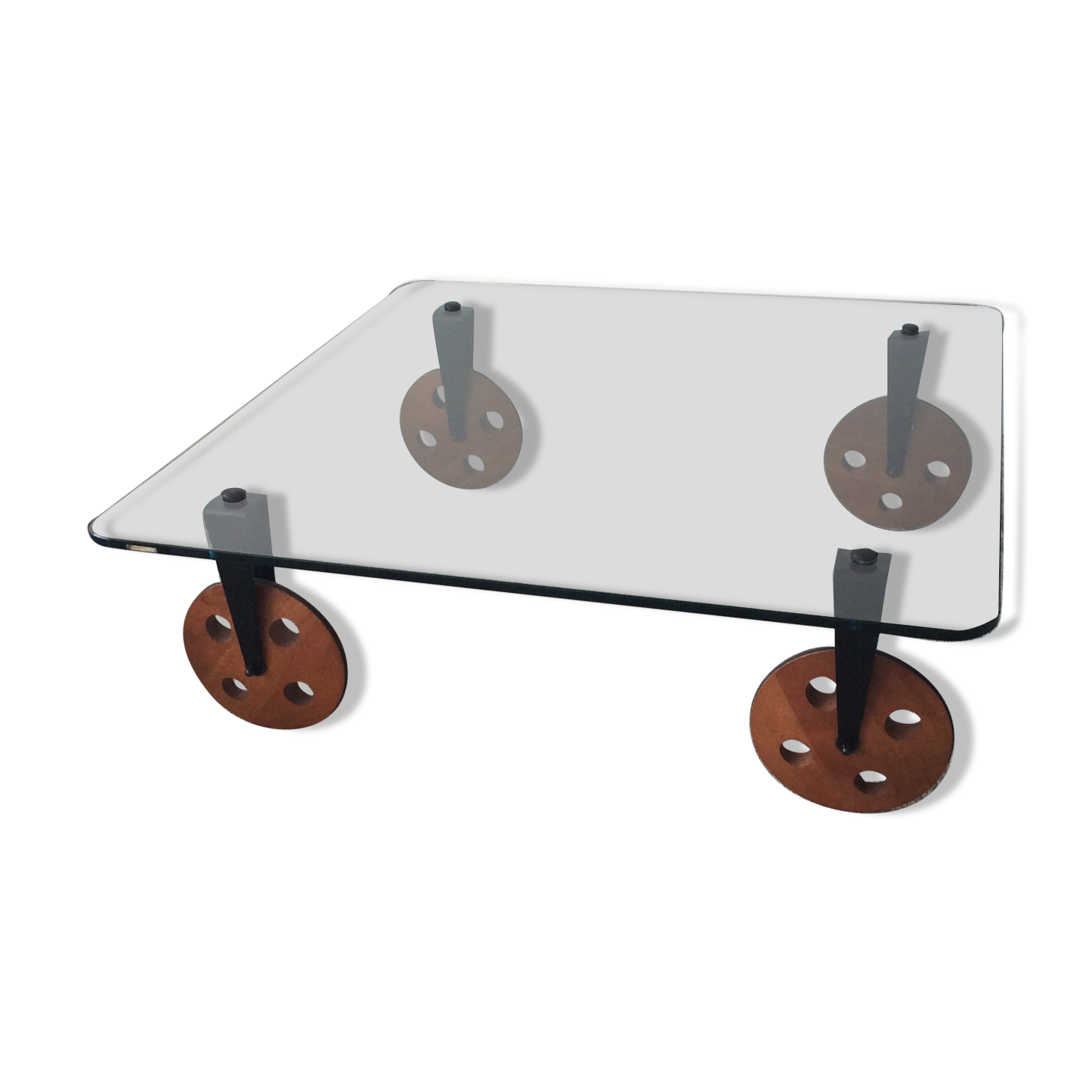 Glass coffee table on teak wheels