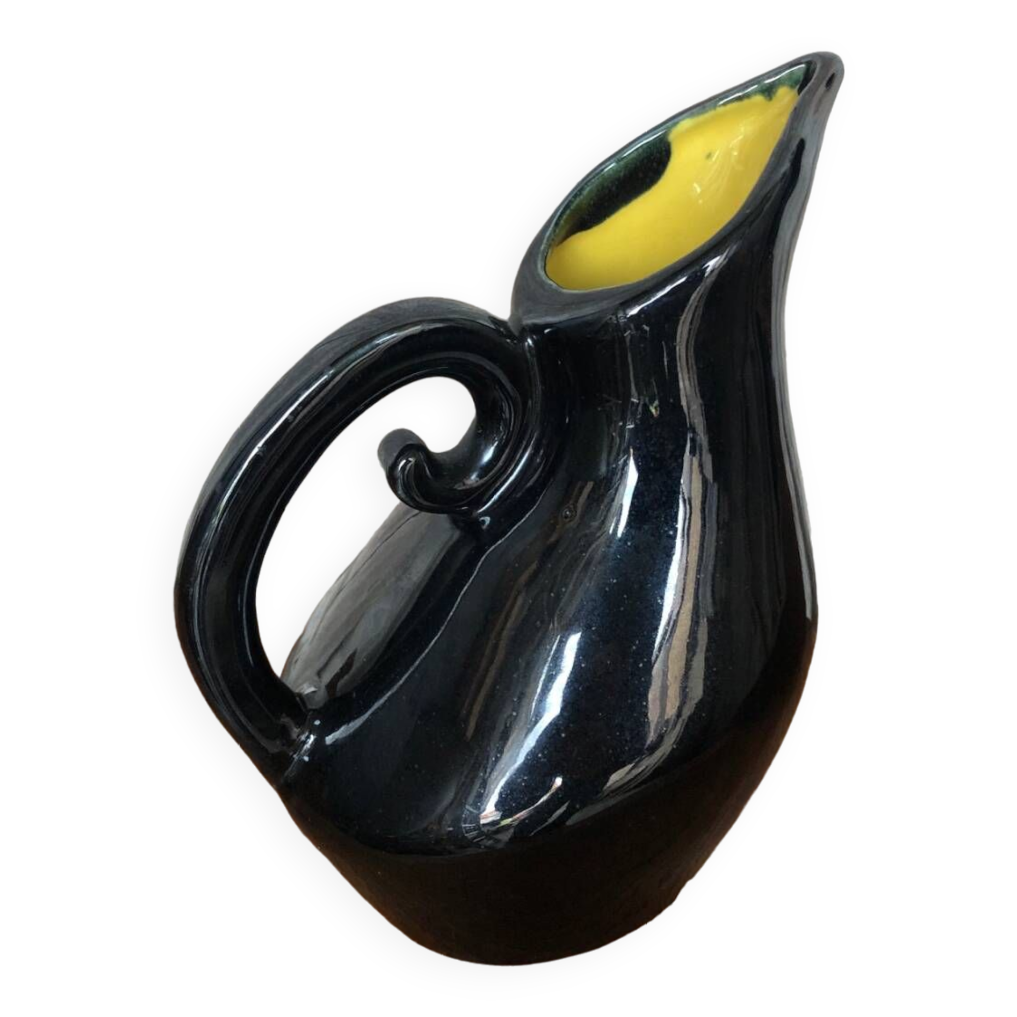 Old Black Enameled Porcelain Pitcher Blue Reflections Yellow Interior 50's #A759