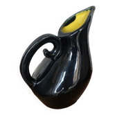 Old Black Enameled Porcelain Pitcher Blue Reflections Yellow Interior 50's #A759