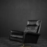 Mid-century danish modern minimalist black leather swivel armchair by georg thams, 1960s