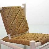 Charlotte Perriand Style Low Seat White Wicker Oak Lounge Chair and Stool