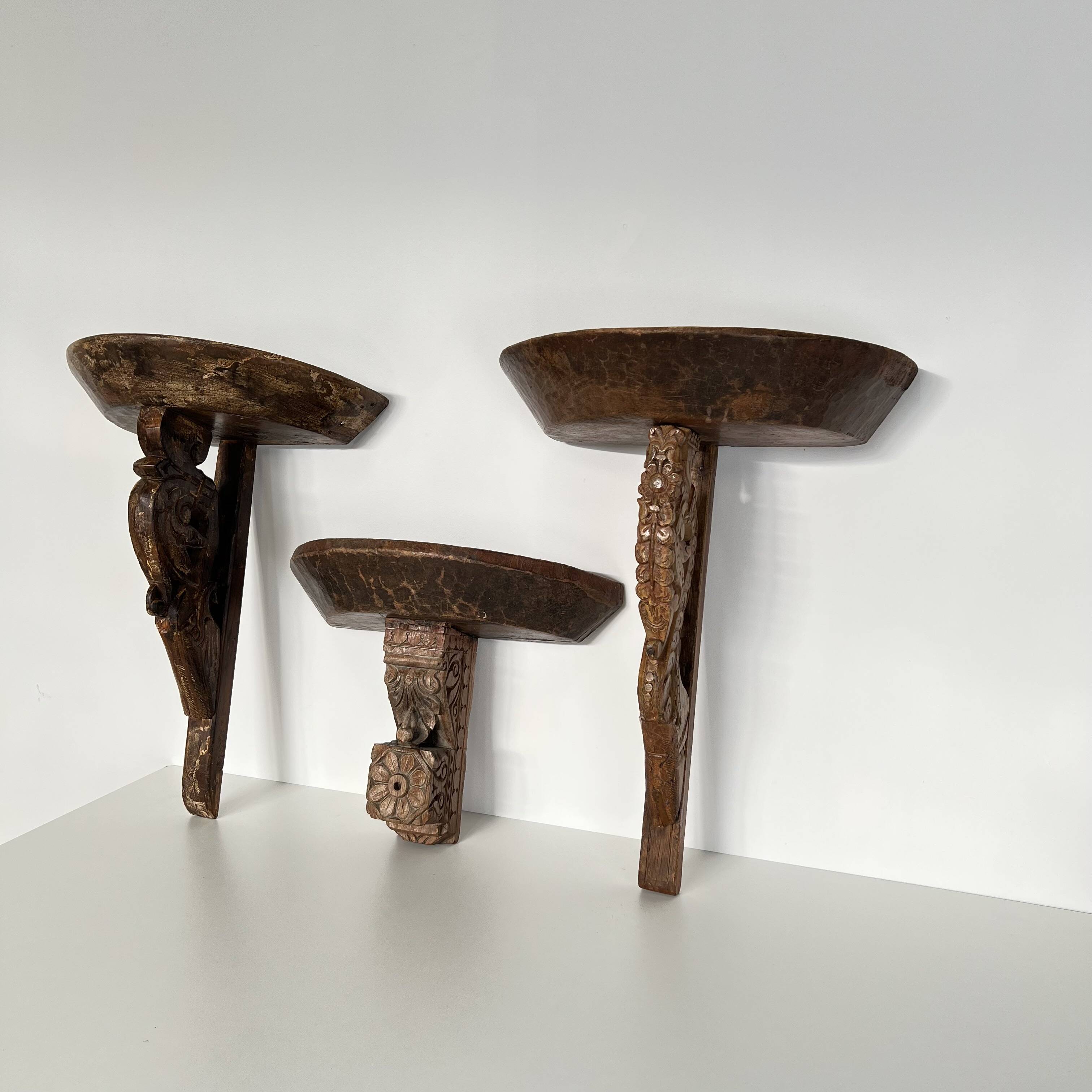 Set of 3 antique wall console lights, carved wooden shelves