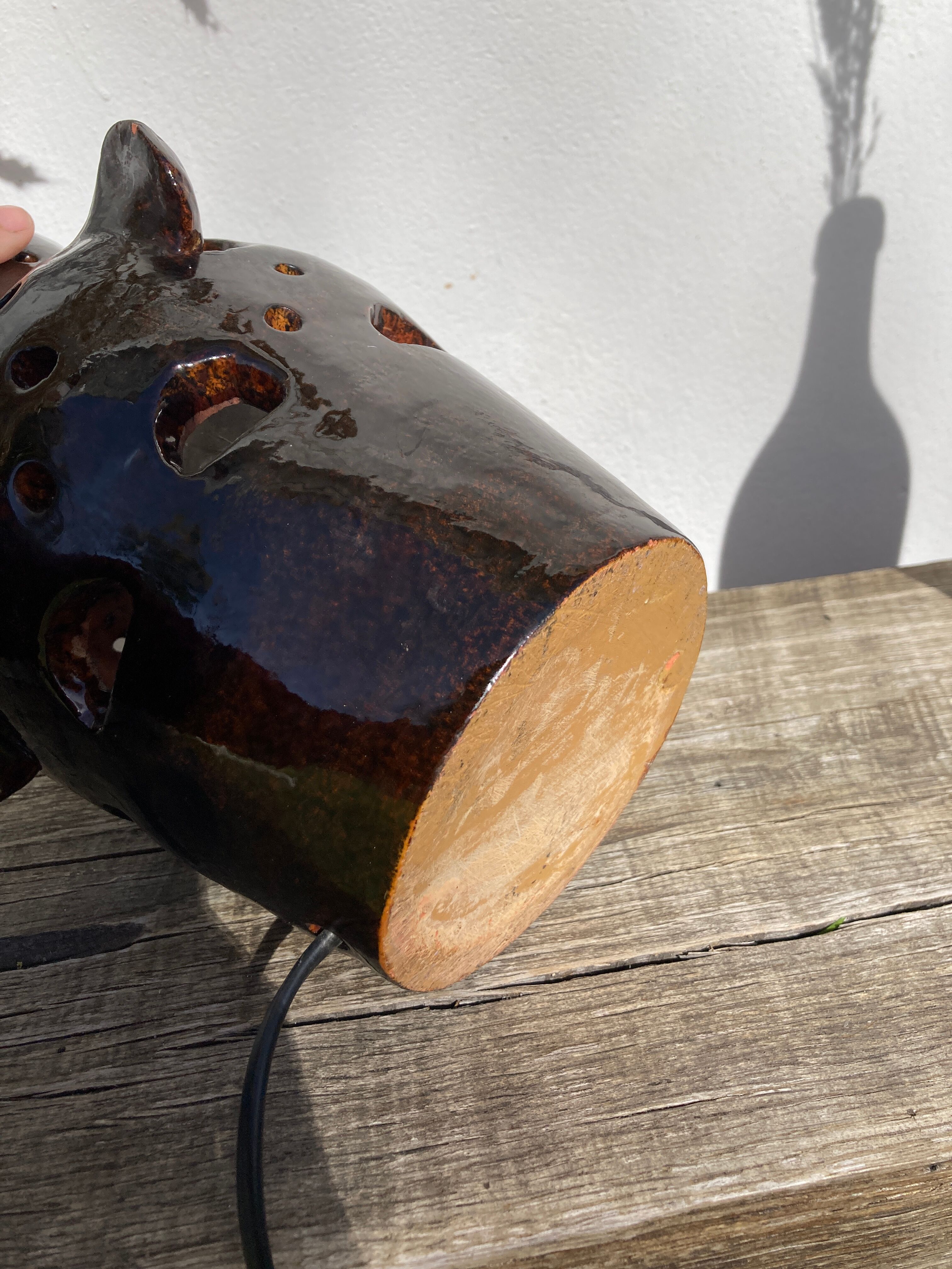 Brutalist lamp in black / brown ceramic openwork 1970