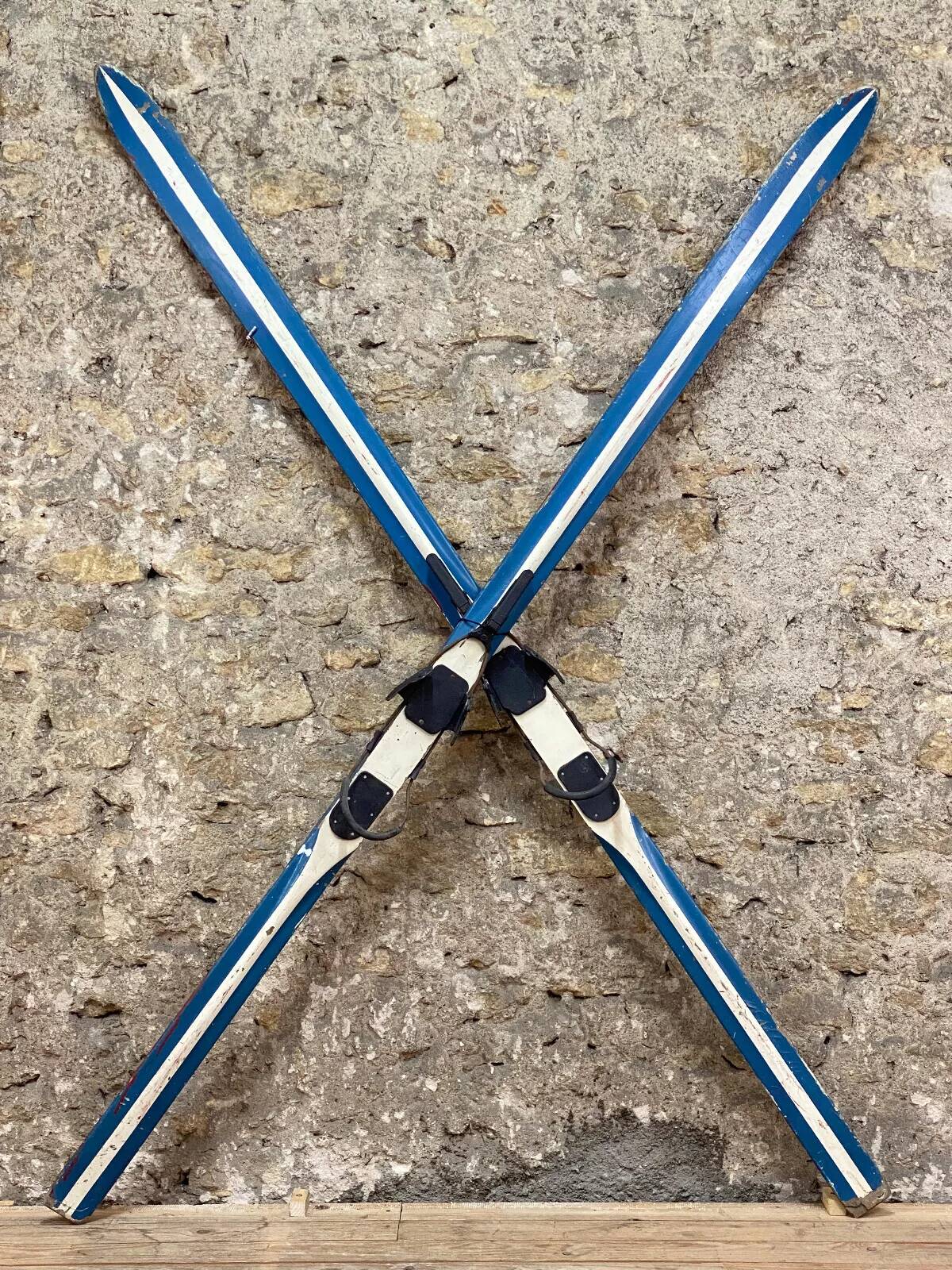 Old Pair of Vintage Blue & White Wooden Skis Mountain Chalet Decor - 218 cm