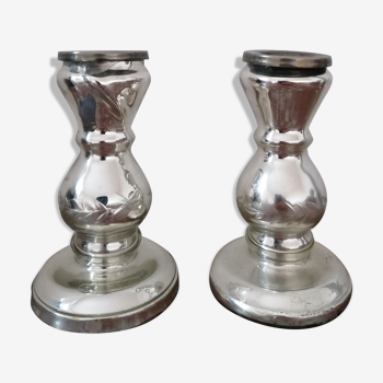 Pair of candlesticks made of snglomed glass