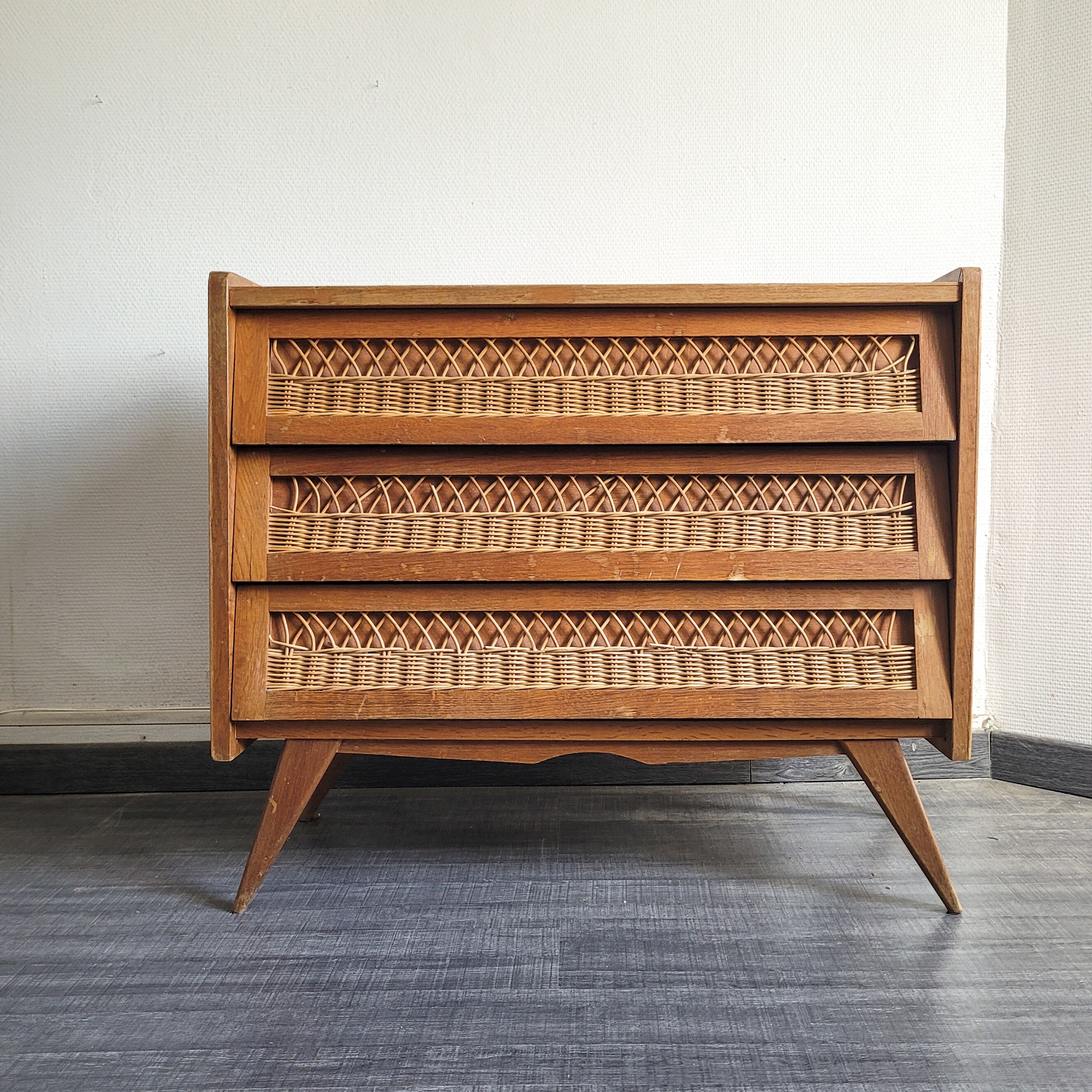 Wooden chest of drawers and vintage rattan