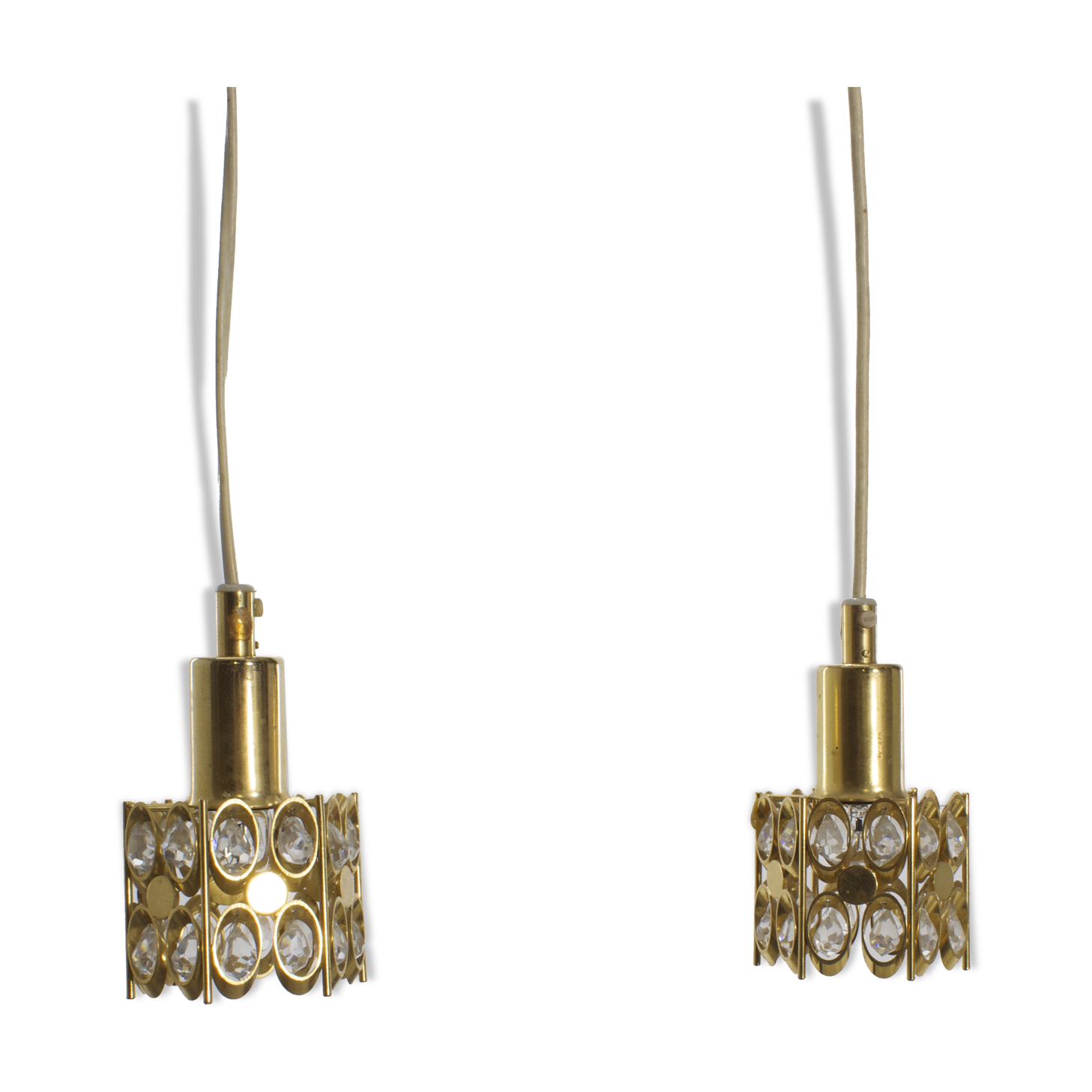 Two pendant lights in gilded brass and crystal, by Palwa, design 1960