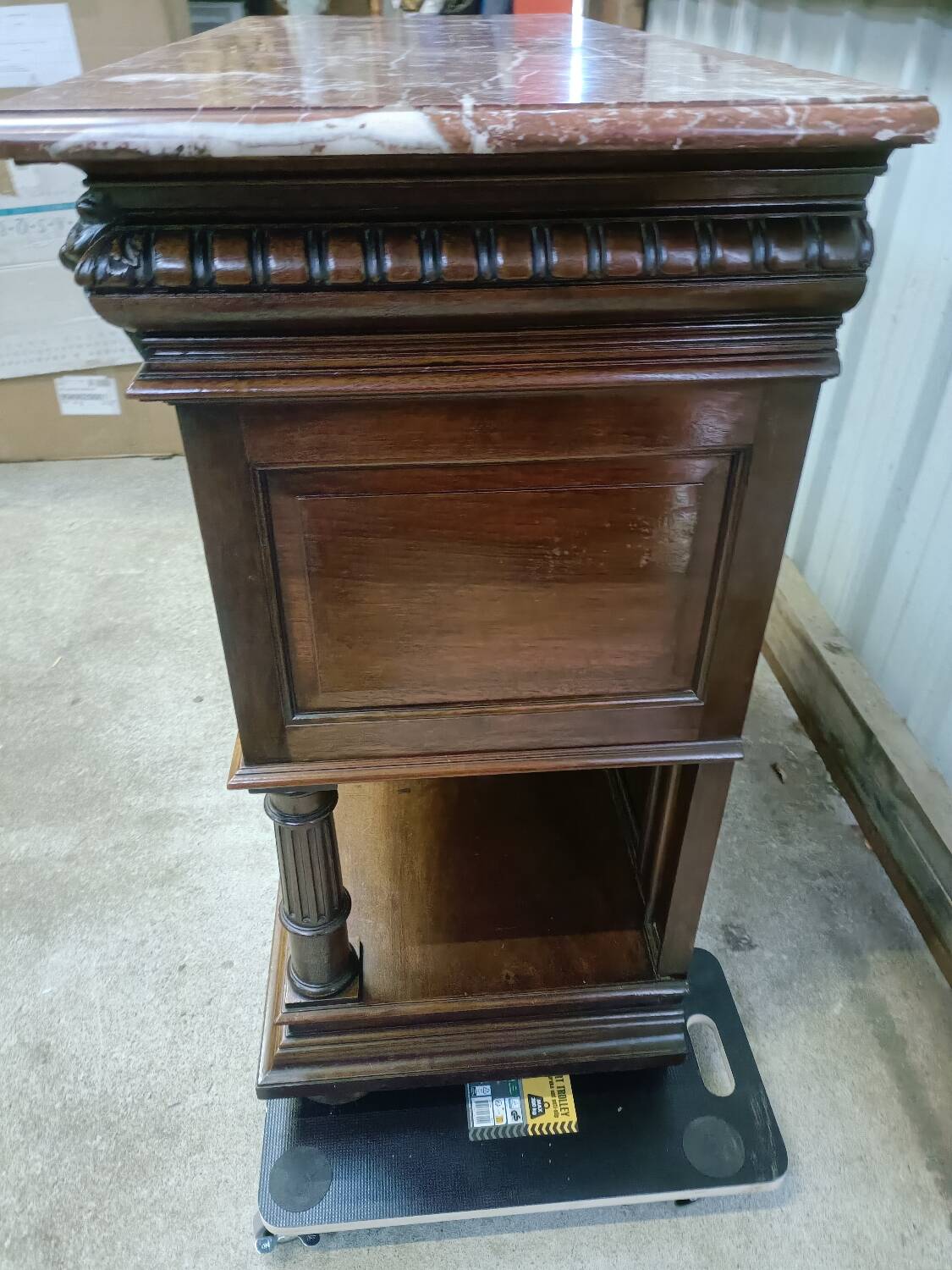 Solid walnut sideboard, Henri II style, Renaissance, with pink and white marble top