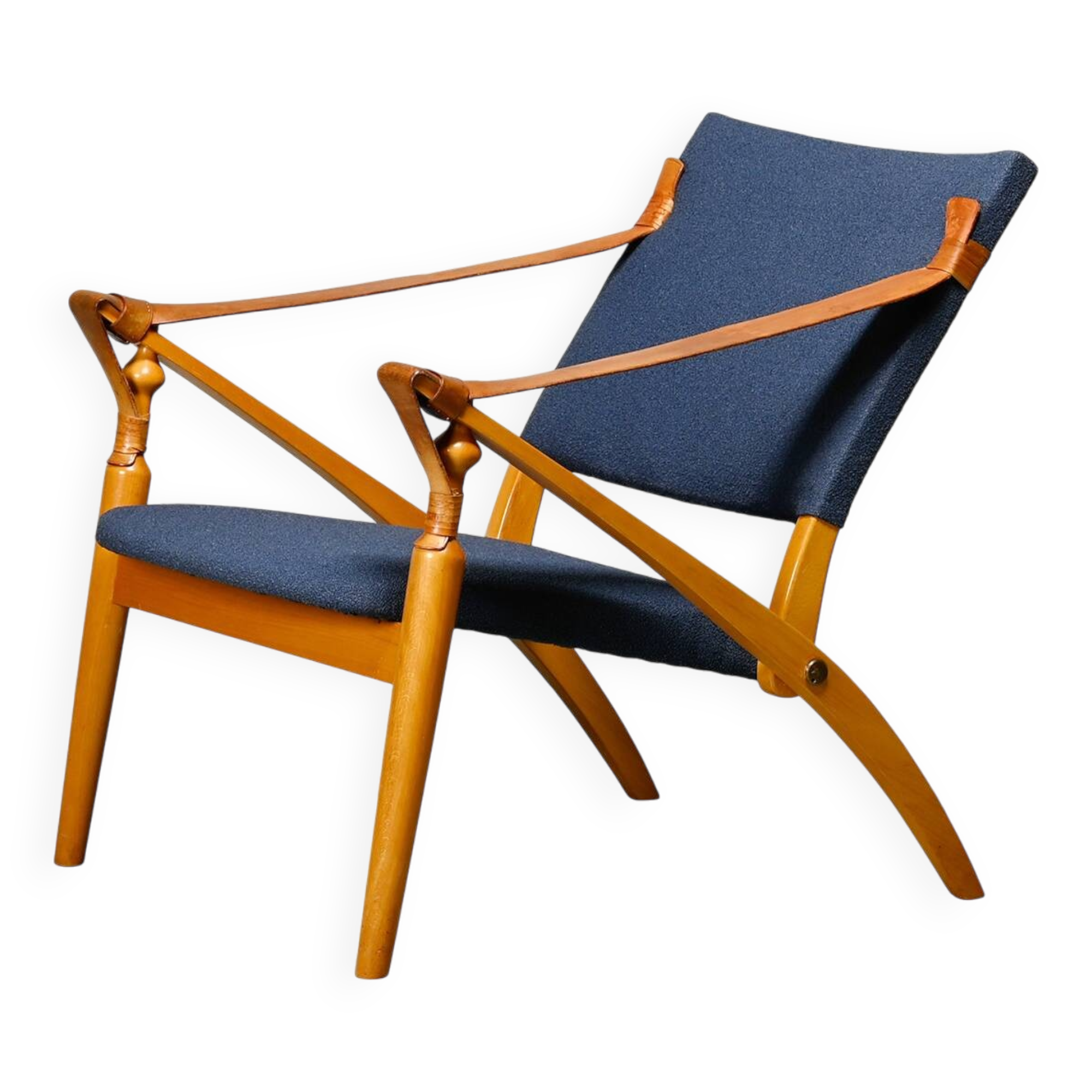 Scandinavian Modern Foldable Safari Lounge Chair in Beech wood and Blue fab