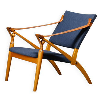 Chaise longue Safari pliable moderne scandinave en bois de hêtre et tissu bleu