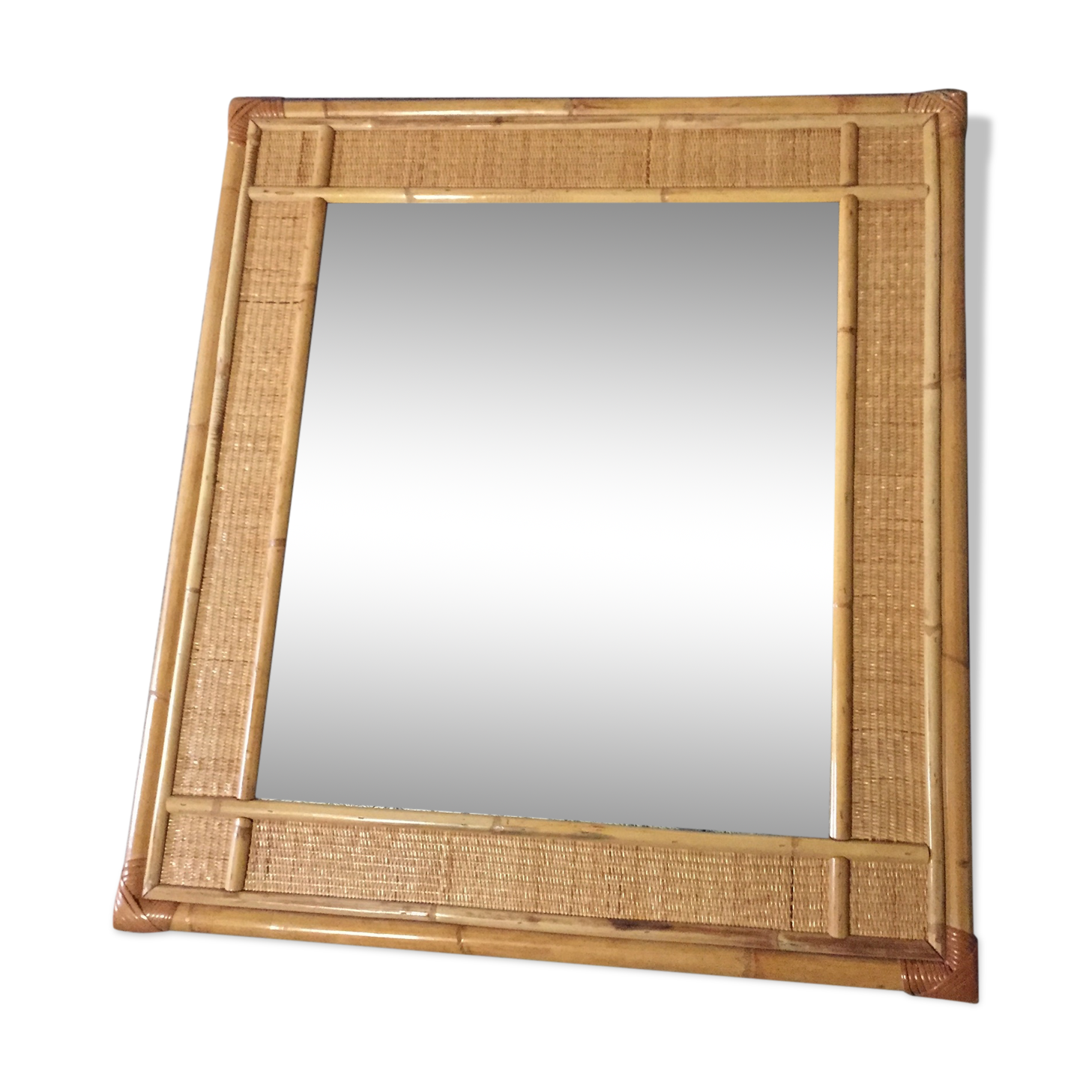 Large mirror bamboo rattan 1970 86x97cm
