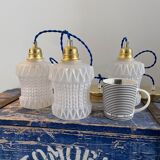 Set of three vintage electrified white glass pendant lamps with new