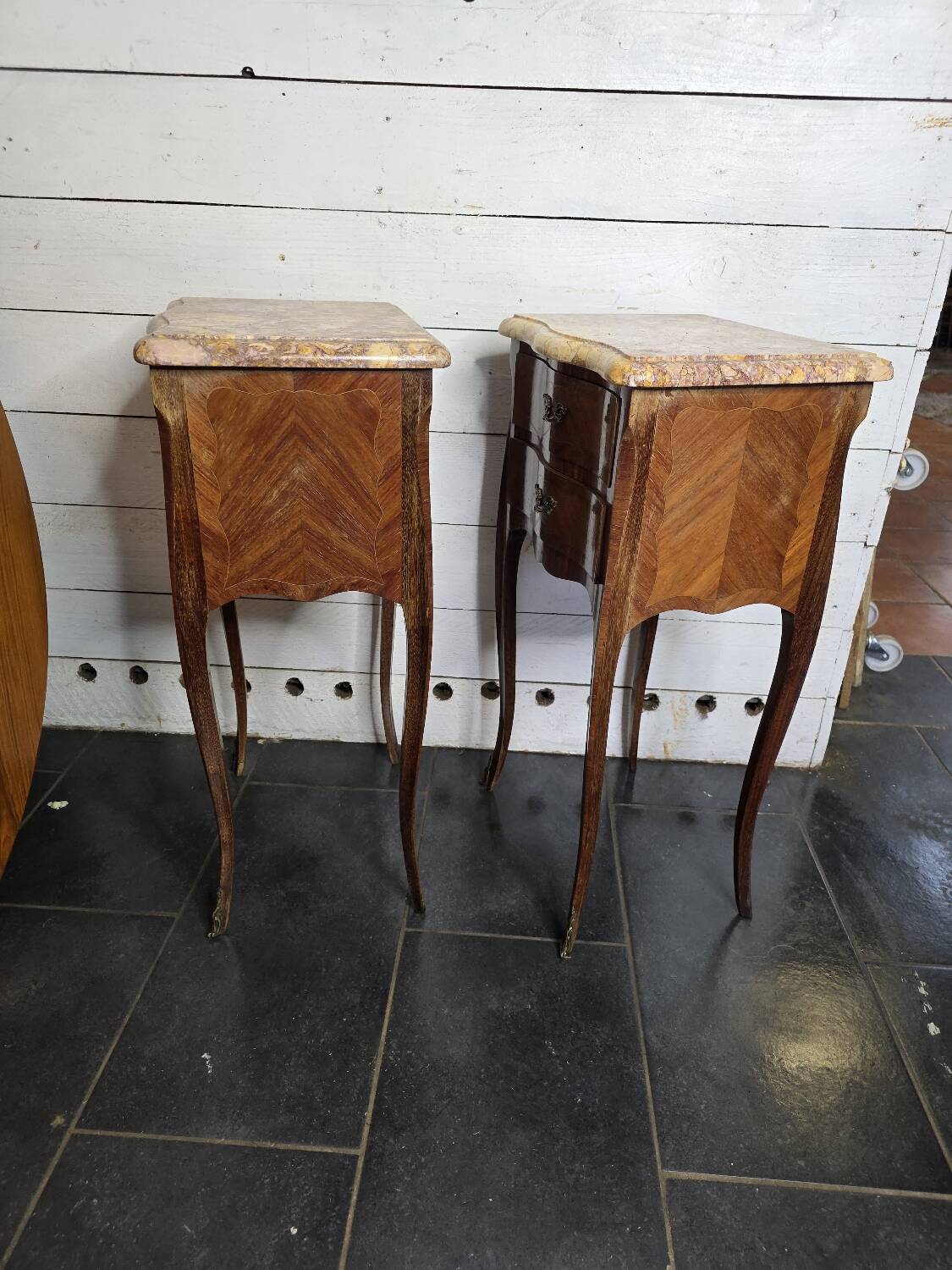 Pair of Louis XV style curved bedside tables in marquetry