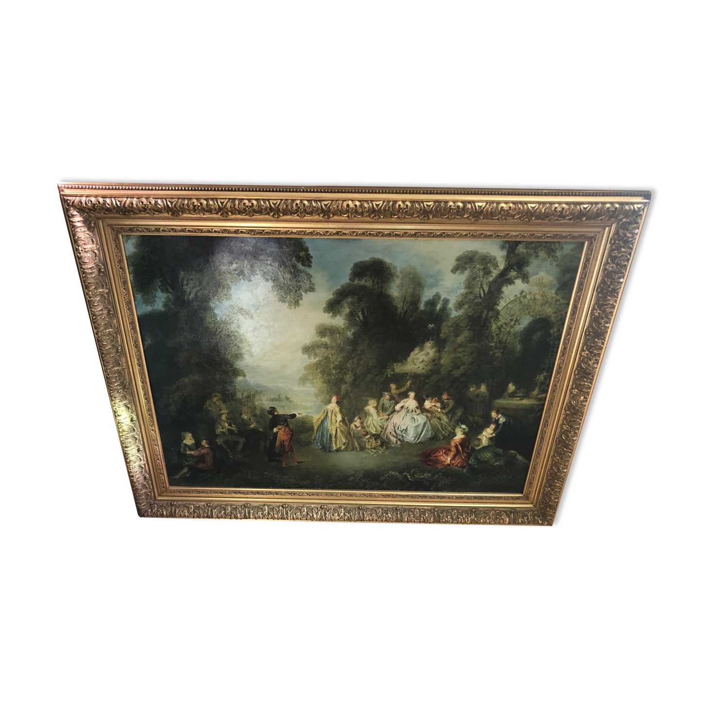 Old painting print on canvas + frame carved wood Gilded Vintage #2