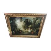 Ancien Tableau Tirage Sur Toile + Cadre Bois Sculpté Doré Vintage #2
