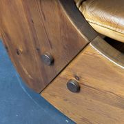 Brutalist pine rocking lounge chair with leather seat by Wasa 1984