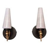 Pair of brass wall sconces tulips in white striated glass and black metal