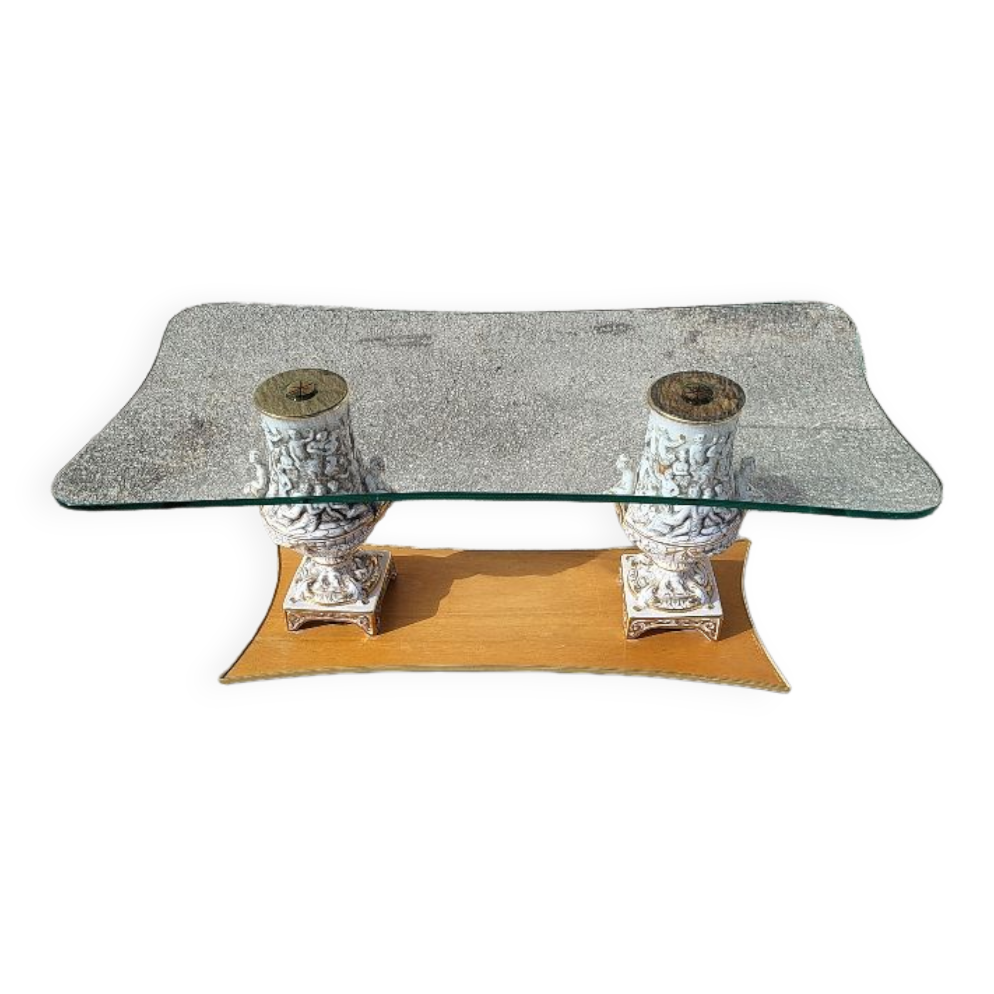 Italian coffee table with glass top, wooden base, and porcelain legs