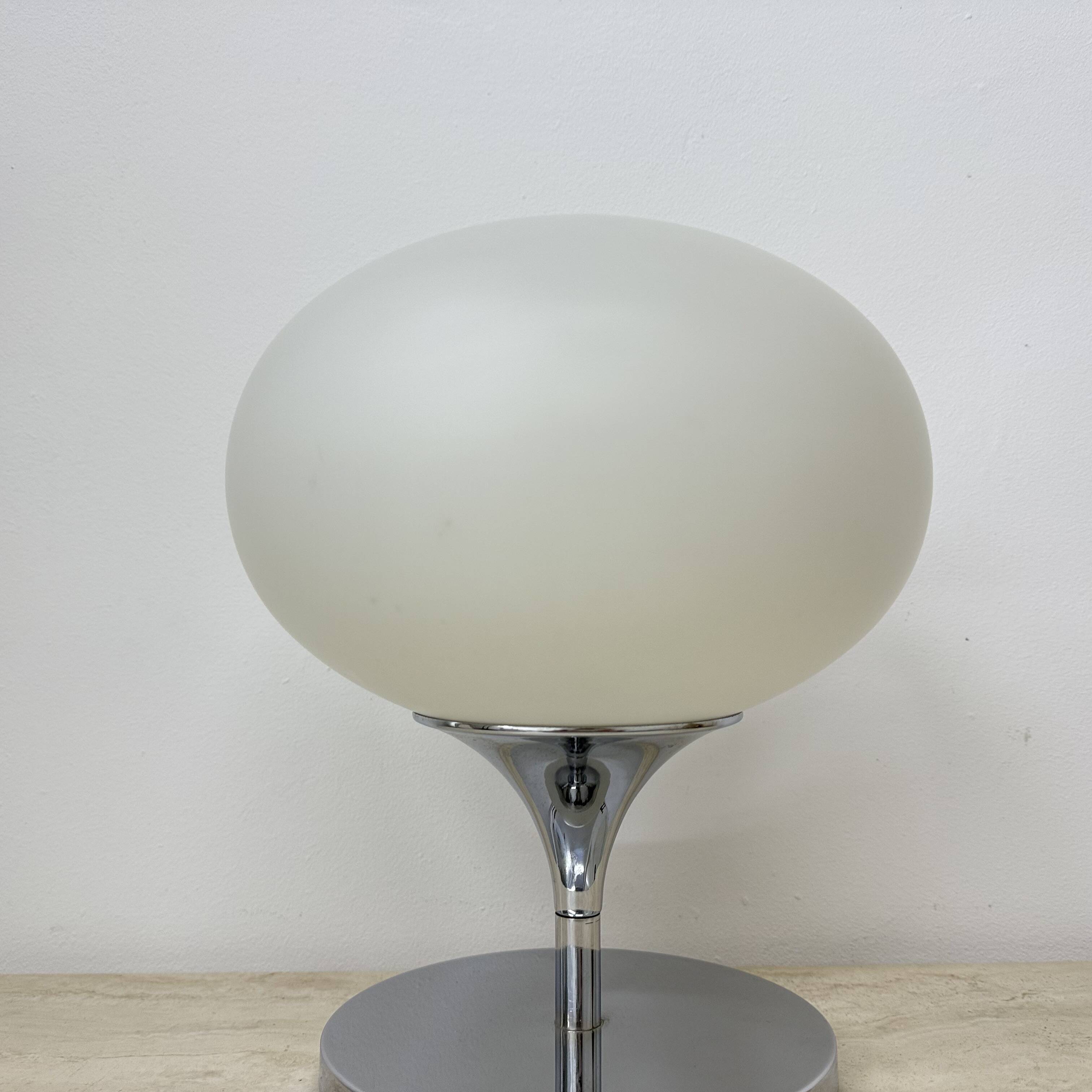 Opaline glass chromed steel & cast iron Space Age lamp by Kaiser Leuchten,