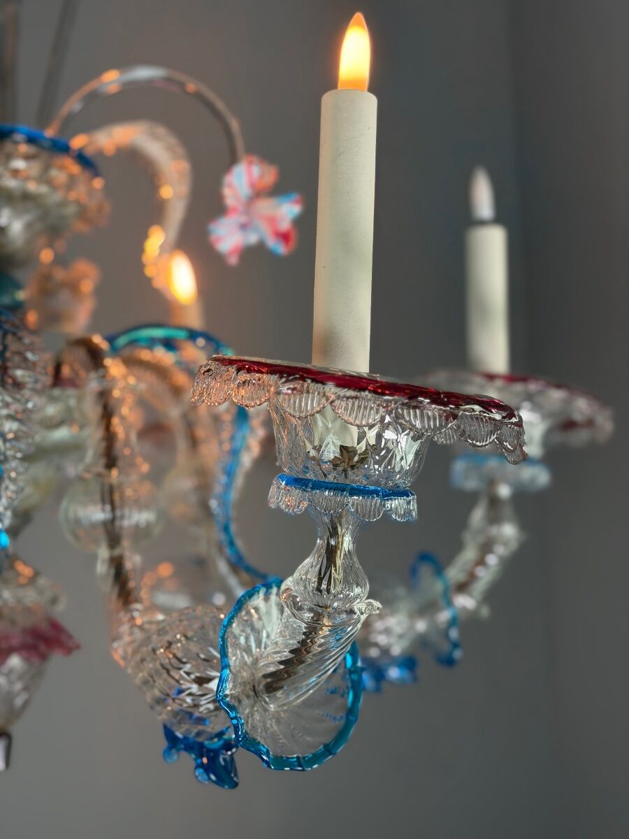 Venetian Rezzonico chandelier in multicoloured Murano glass circa 1900