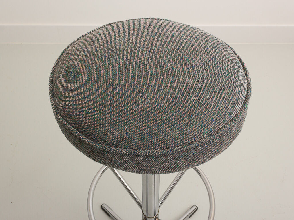 Trio of bar stools with restored seating and chrome-plated steel legs