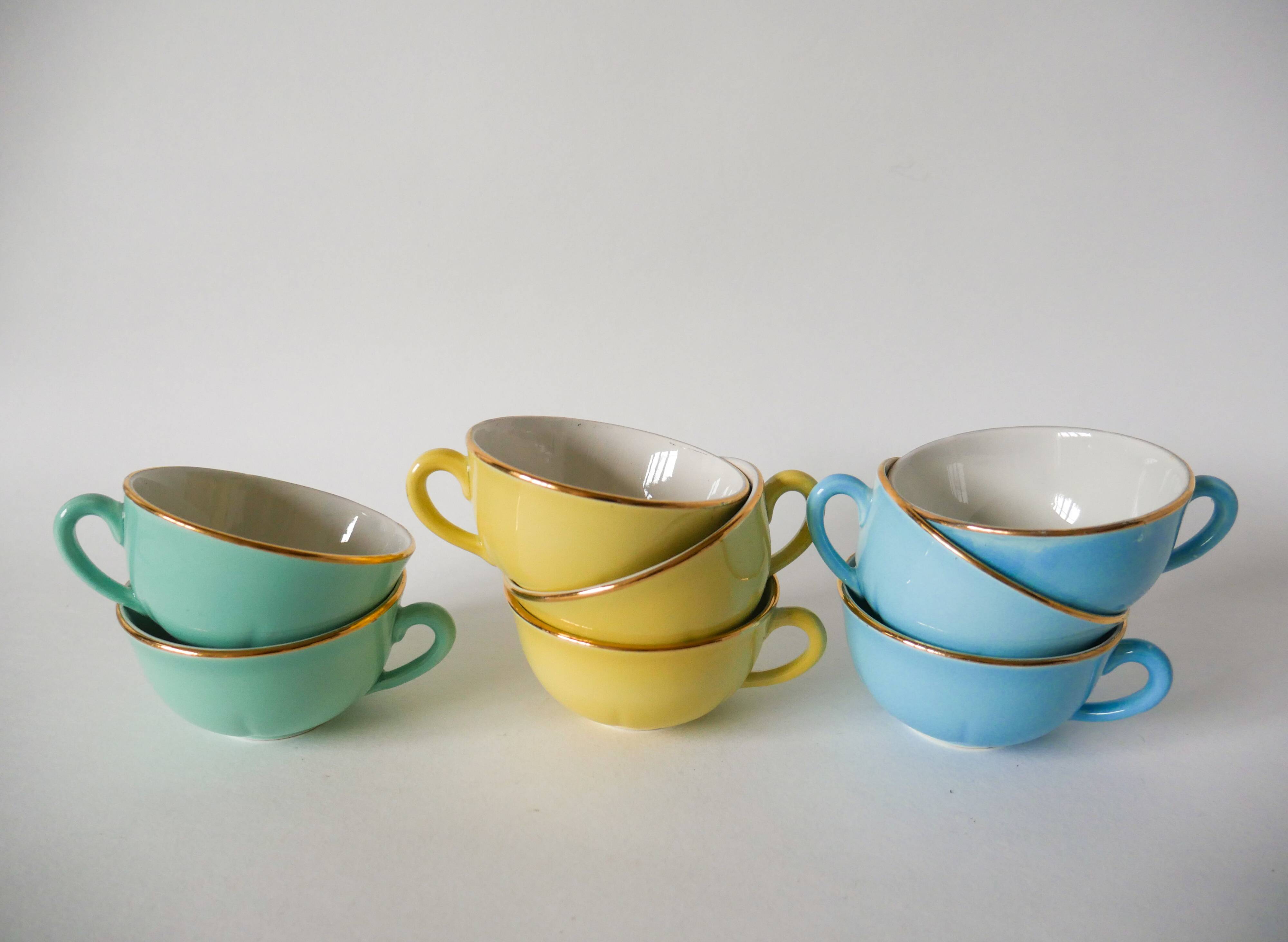 Set of 6 coffee cups fb badonviller pastel yellow green blue 1950
