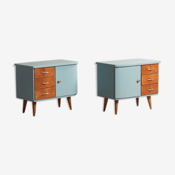 Pair of vintage bedside tables completely redesigned in blueberry on compass feet in solid oak tinted teak
