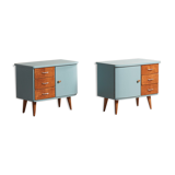 Pair of vintage bedside tables completely redesigned in blueberry on compass feet in solid oak tinted teak