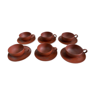 Lot de 6 tasses et soucoupes japonaises en terre cuite