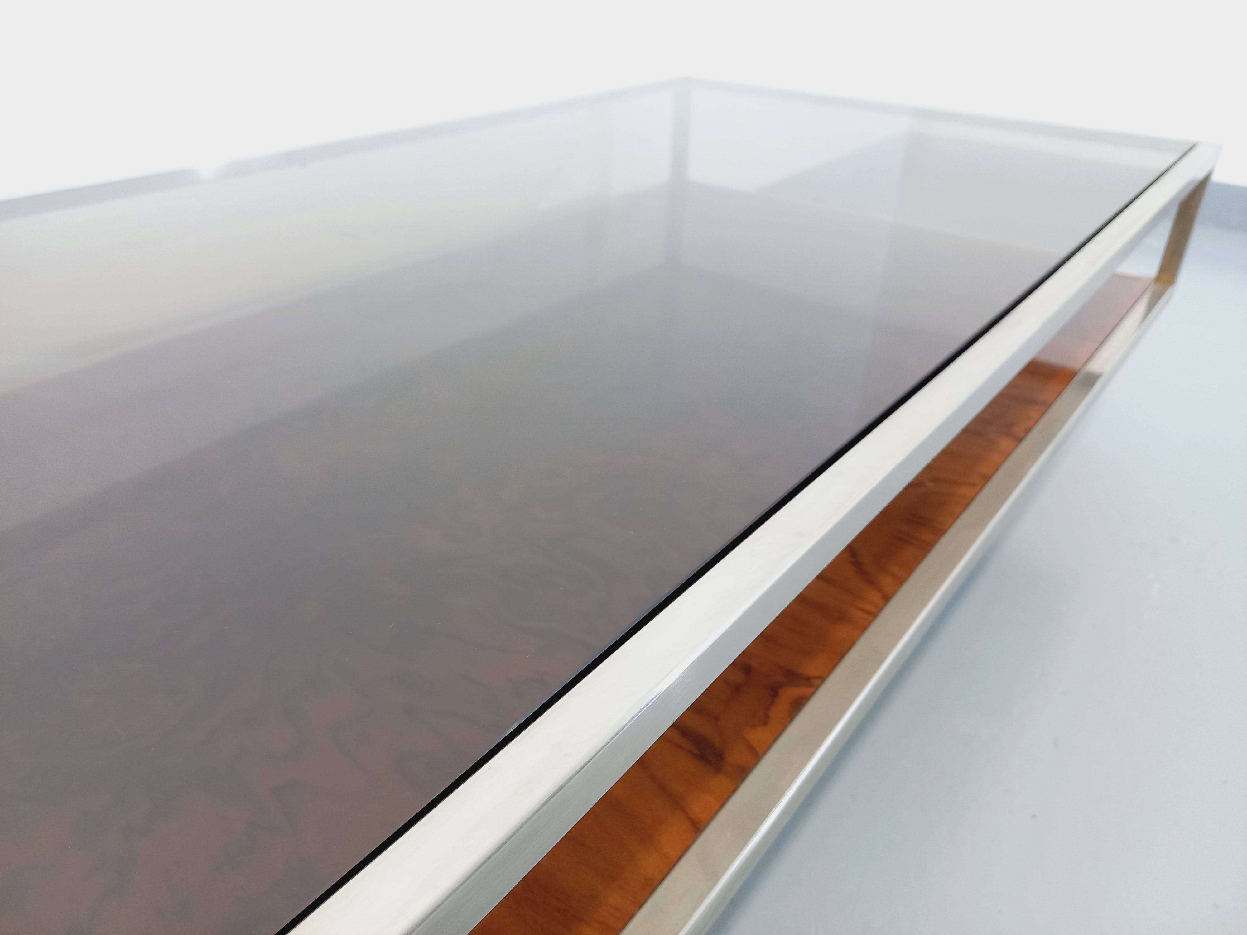 Vintage coffee table in smoked glass, chromed metal and magnifying glass from the 70s