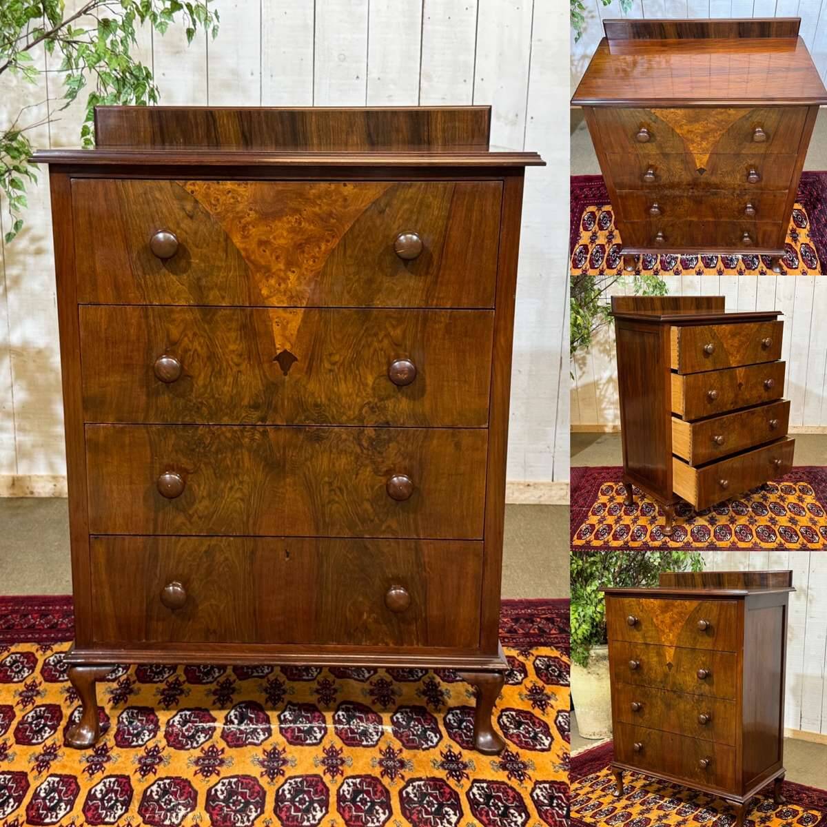Commode anglaise en loupe de noyer et chêne, années 1930