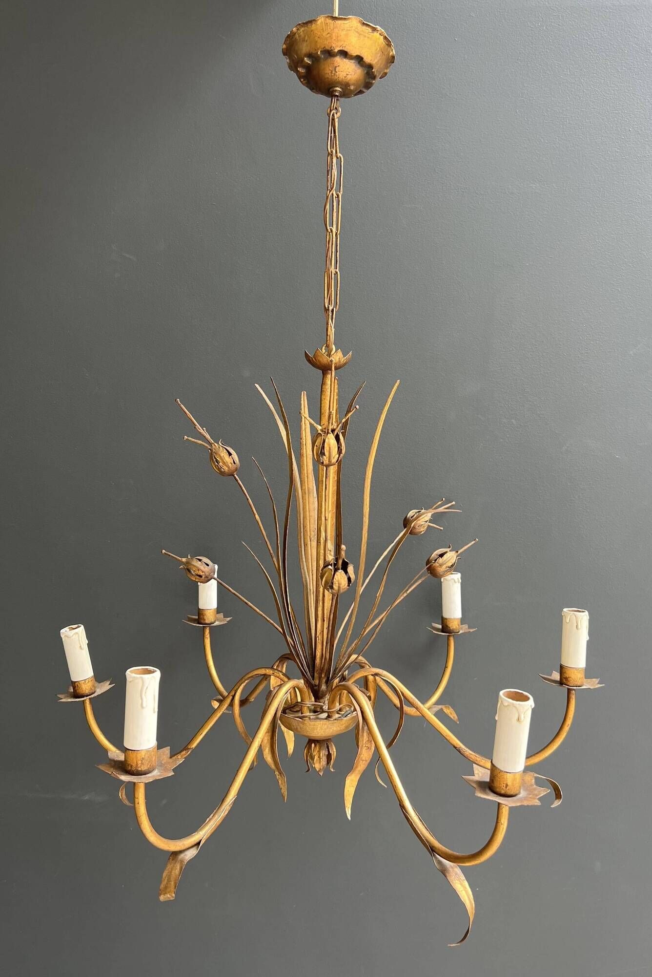 Golden Metal Chandelier with Reed Bouquet Decoration. Coco Chanel Style. Work