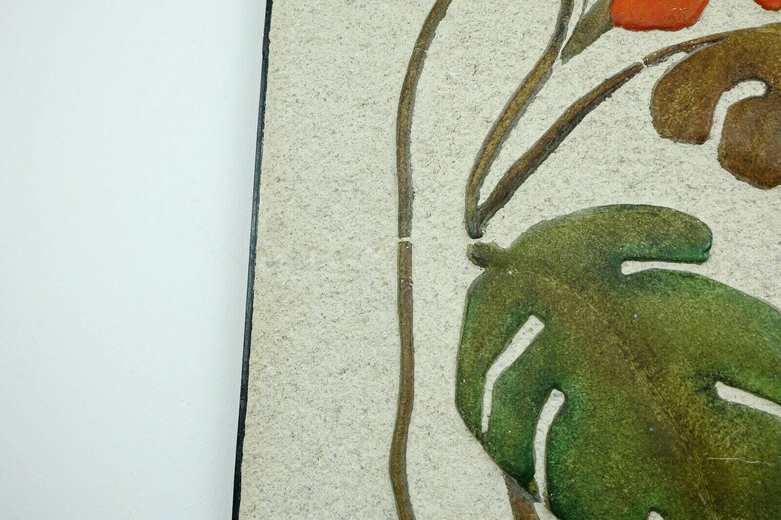 Mid century ceramic and plaster wall tile floral decor leaves and blossoms 1950s wgp