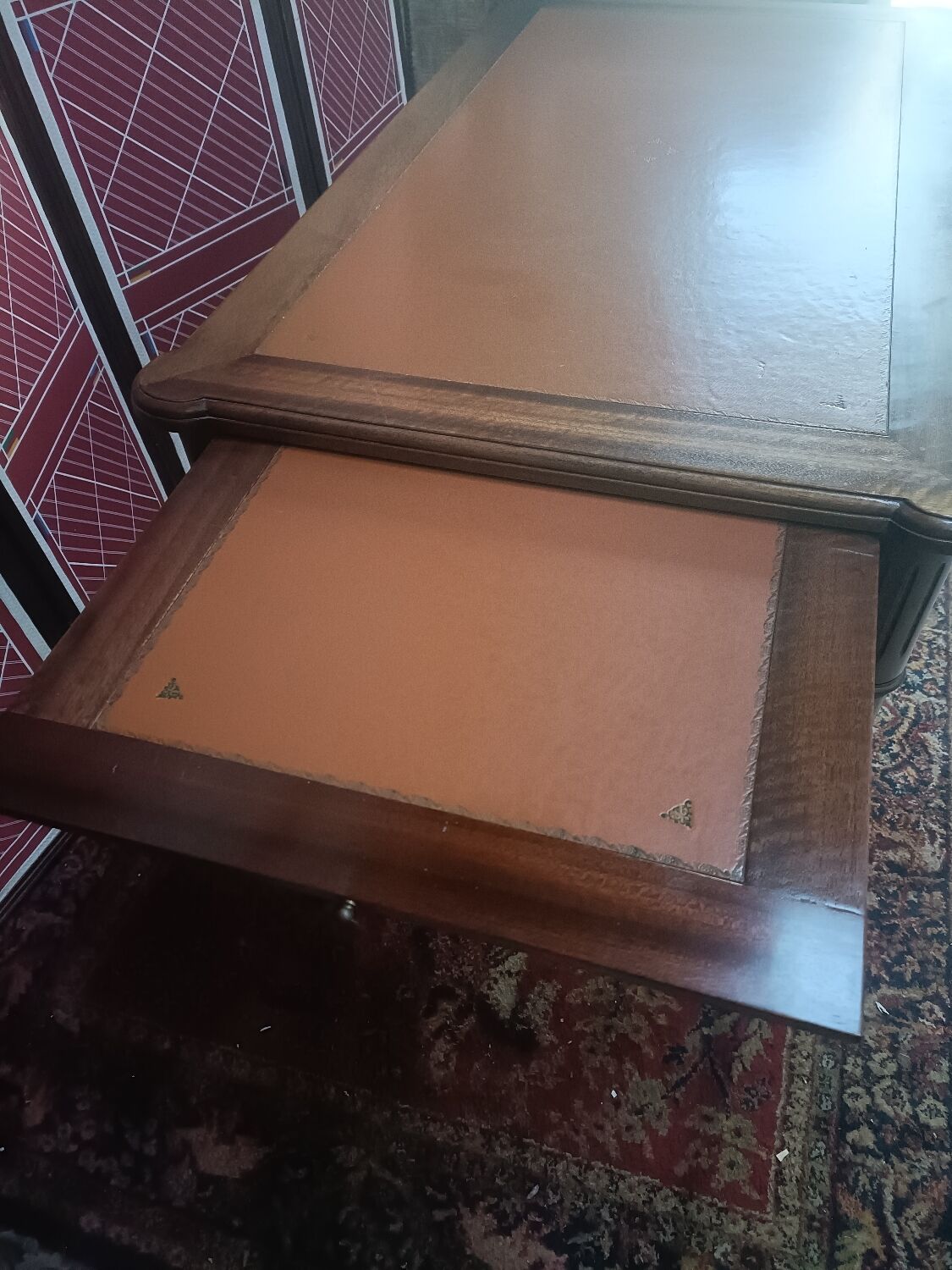 Louis XVI style desk, leather top, 3 drawers and writing tablets
