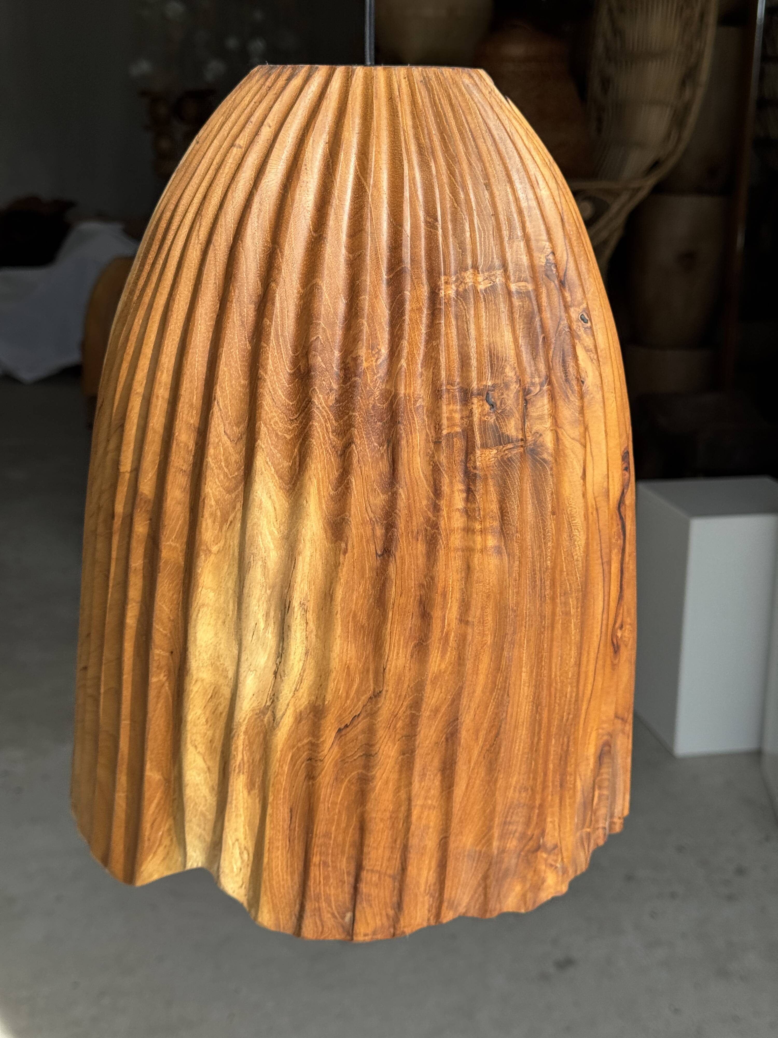 Large suspension or lampshade in organic natural teak, tubular H40 D30.
