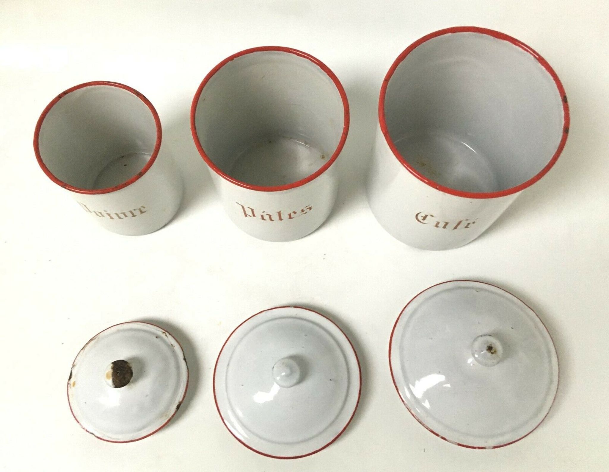 Serie de pot a epices bb freres en tole emaillee cafe pates antique collection