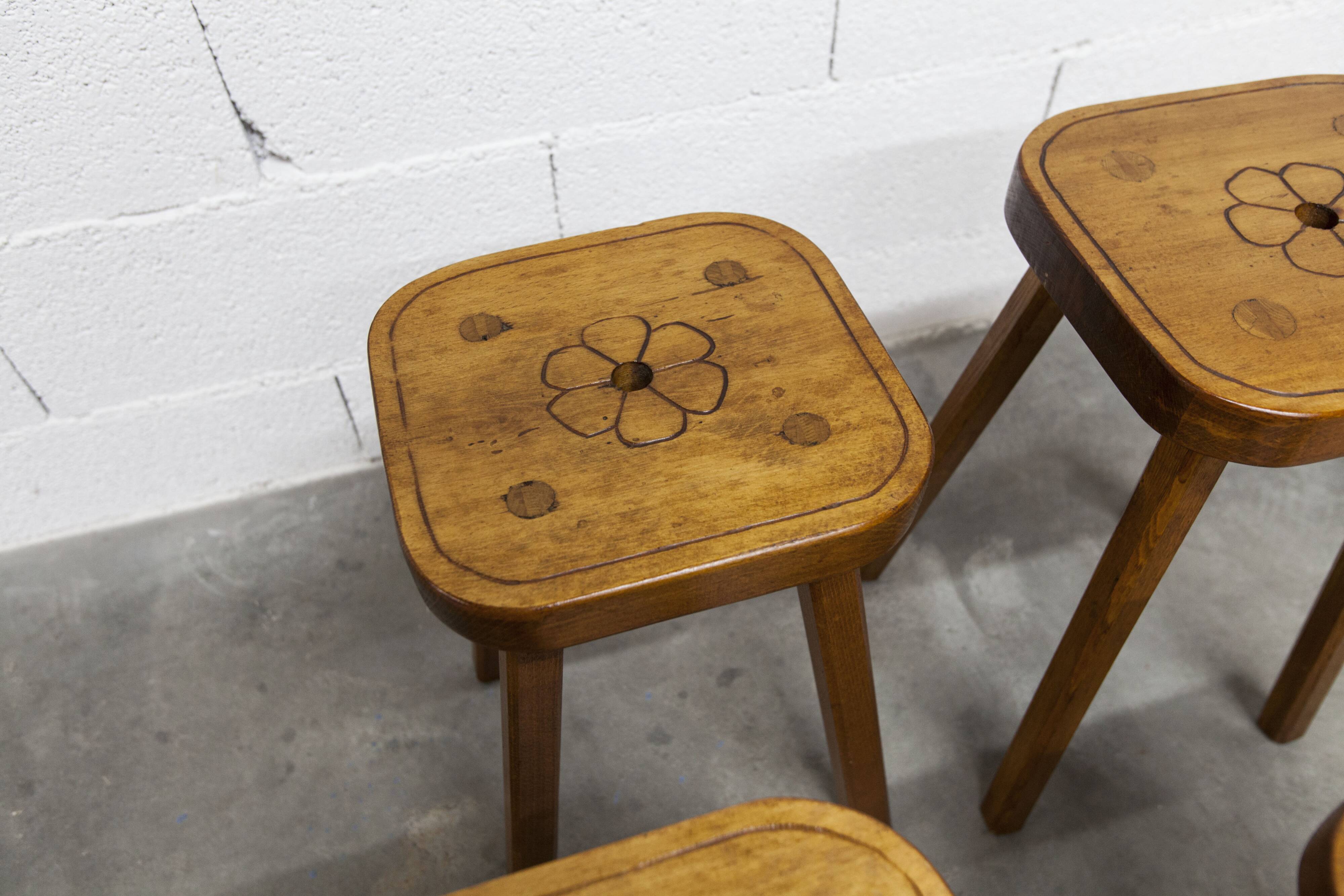 Set of 4 brutalist stools, handcrafted, 1960, flower.
