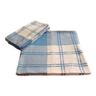 White and blue damask tablecloth and 6 towels